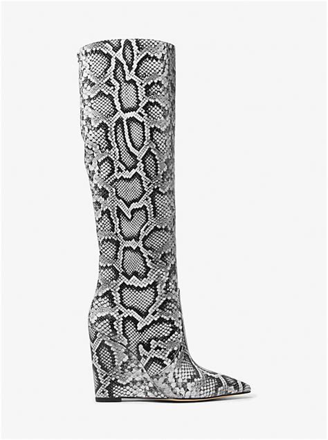 michael kors saratoga animal snake skin boots black gold leather|Isra Snake Embossed Leather Wedge Boot .